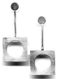 CIRCLE IN SQUARE $125-sterling silver earrings with sanding disk texture and snake chain (1 3/4" post earrings)